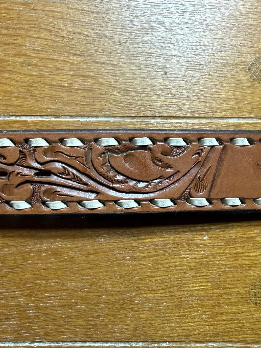 Justin Boots Tan Leather Handtooled Belt with White Lacing with name Jack